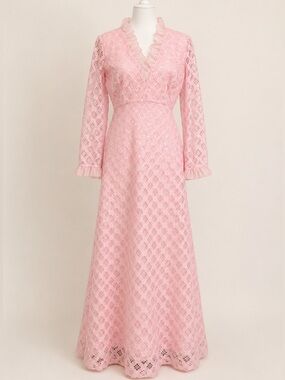 Vintage Liz Berg • Pink Lace Ruffle Collar Maxi Dress 60s-70s • Size S (Est)